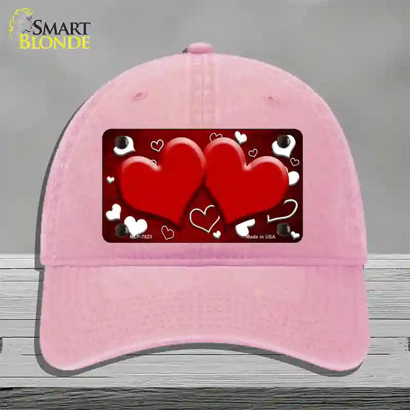 Red White Love Hearts Oil Rubbed Novelty License Plate Hat Unconstructed Cotton / Pink