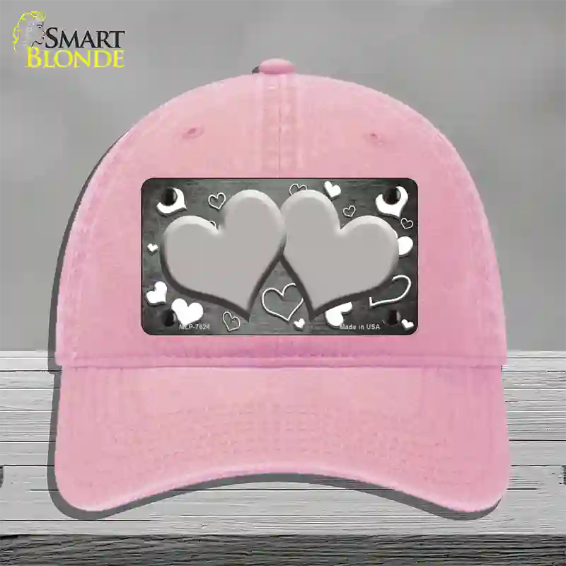 Gray White Love Hearts Oil Rubbed Novelty License Plate Hat Unconstructed Cotton / Pink