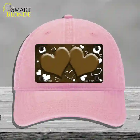 Brown White Love Hearts Oil Rubbed Novelty License Plate Hat Unconstructed Cotton / Pink