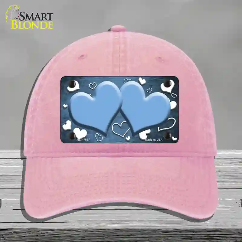 Light Blue White Love Hearts Oil Rubbed Novelty License Plate Hat Unconstructed Cotton / Pink