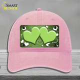 Lime Green White Love Hearts Oil Rubbed Novelty License Plate Hat Unconstructed Cotton / Pink