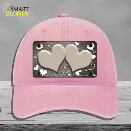 Tan White Love Hearts Oil Rubbed Novelty License Plate Hat Unconstructed Cotton / Pink