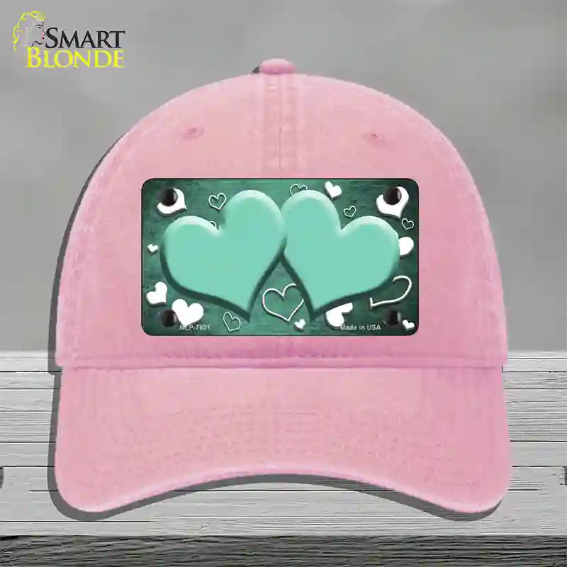 Mint White Love Hearts Oil Rubbed Novelty License Plate Hat Unconstructed Cotton / Pink