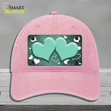 Mint White Love Hearts Oil Rubbed Novelty License Plate Hat Unconstructed Cotton / Pink