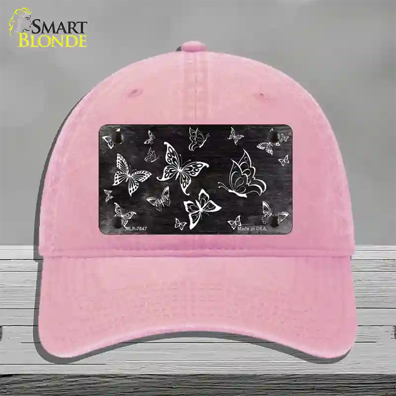 Black White Butterfly Oil Rubbed Novelty License Plate Hat Unconstructed Cotton / Pink