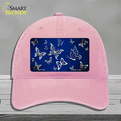 Blue White Butterfly Oil Rubbed Novelty License Plate Hat Unconstructed Cotton / Pink