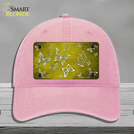 Yellow White Butterfly Oil Rubbed Novelty License Plate Hat Unconstructed Cotton / Pink