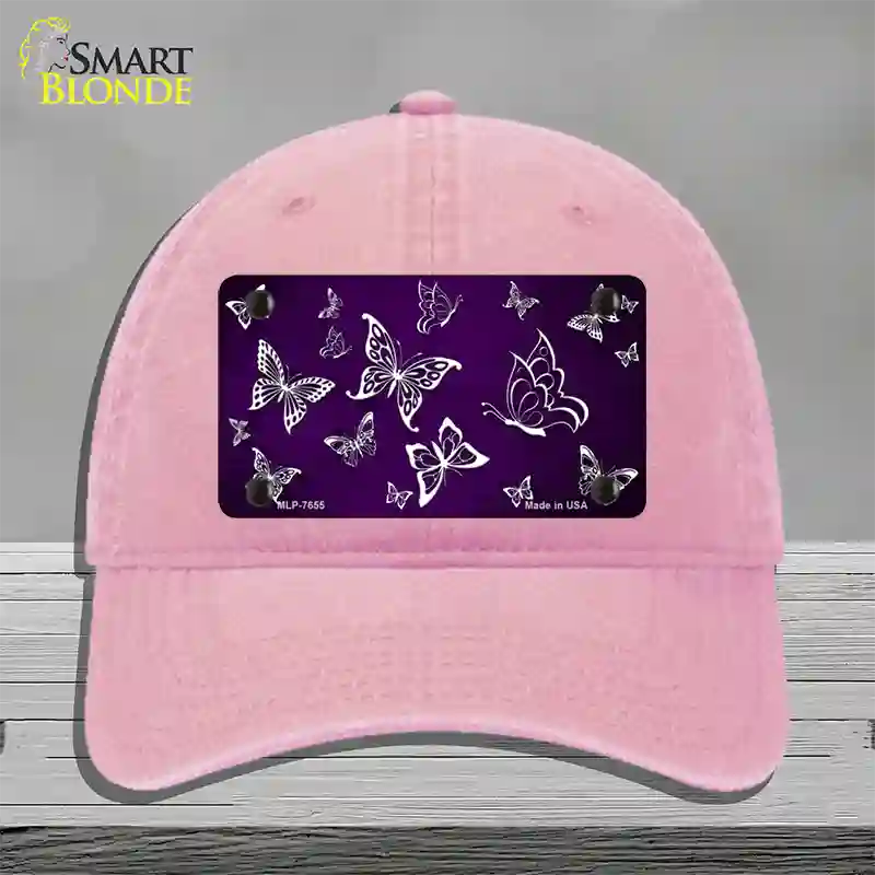 Purple White Butterfly Oil Rubbed Novelty License Plate Hat Unconstructed Cotton / Pink