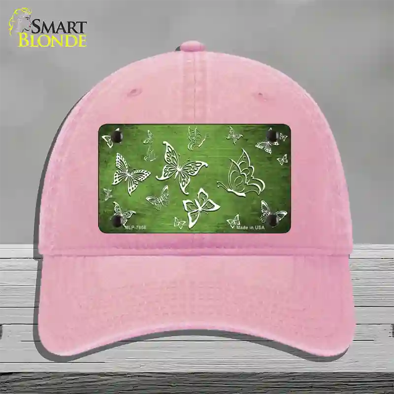 Lime Green White Butterfly Oil Rubbed Novelty License Plate Hat Unconstructed Cotton / Pink