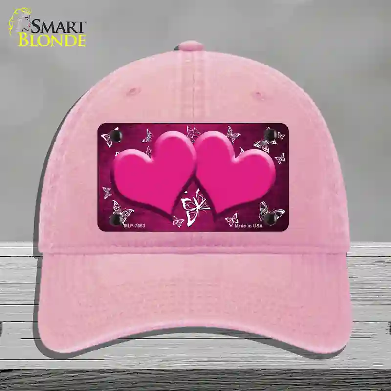 Pink White Hearts Butterfly Oil Rubbed Novelty License Plate Hat Unconstructed Cotton / Pink