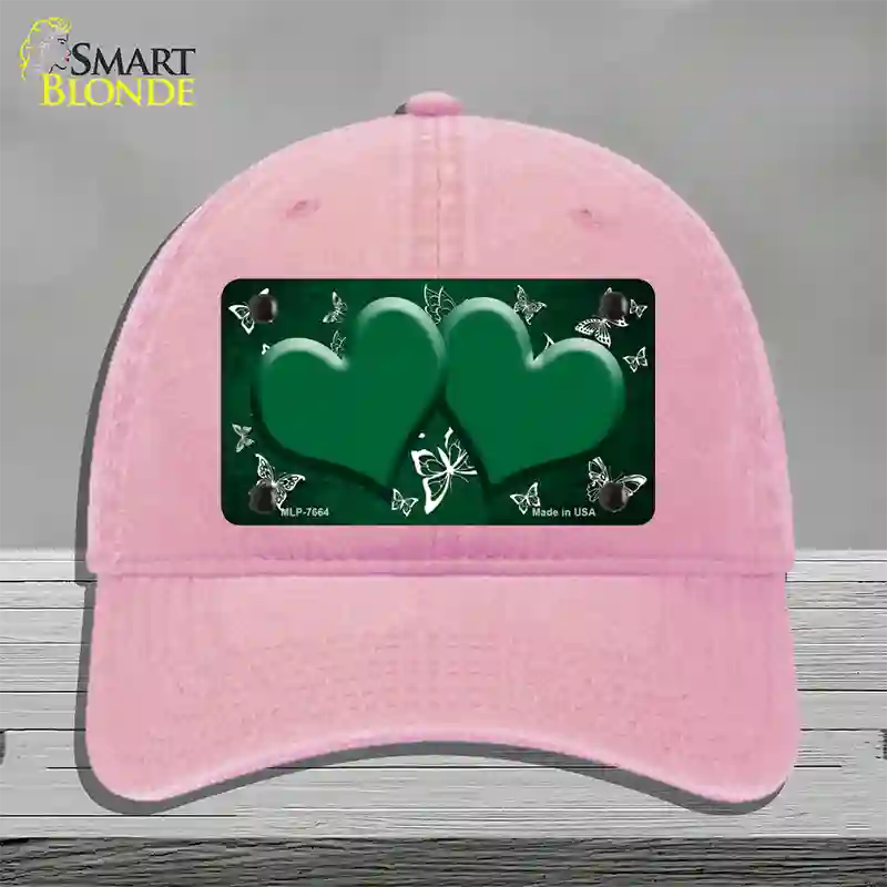 Green White Hearts Butterfly Oil Rubbed Novelty License Plate Hat Unconstructed Cotton / Pink