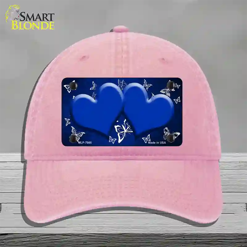 Blue White Hearts Butterfly Oil Rubbed Novelty License Plate Hat Unconstructed Cotton / Pink