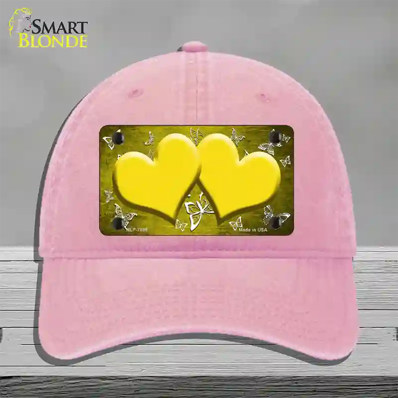 Yellow White Hearts Butterfly Oil Rubbed Novelty License Plate Hat Unconstructed Cotton / Pink