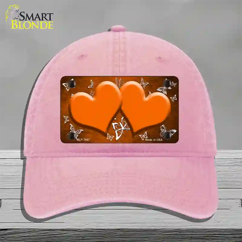 Orange White Hearts Butterfly Oil Rubbed Novelty License Plate Hat Unconstructed Cotton / Pink