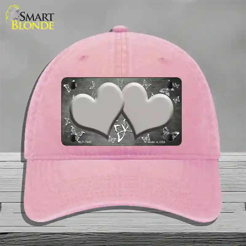 Gray White Hearts Butterfly Oil Rubbed Novelty License Plate Hat Unconstructed Cotton / Pink