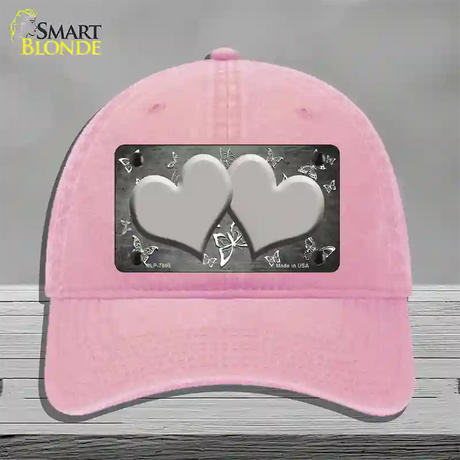 Gray White Hearts Butterfly Oil Rubbed Novelty License Plate Hat Unconstructed Cotton / Pink