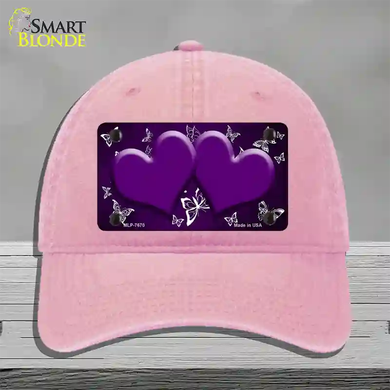 Purple White Hearts Butterfly Oil Rubbed Novelty License Plate Hat Unconstructed Cotton / Pink