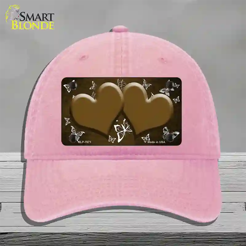 Brown White Hearts Butterfly Oil Rubbed Novelty License Plate Hat Unconstructed Cotton / Pink