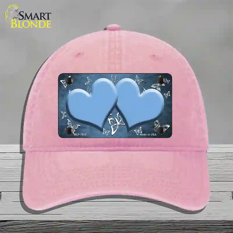 Light Blue White Hearts Butterfly Oil Rubbed Novelty License Plate Hat Unconstructed Cotton / Pink