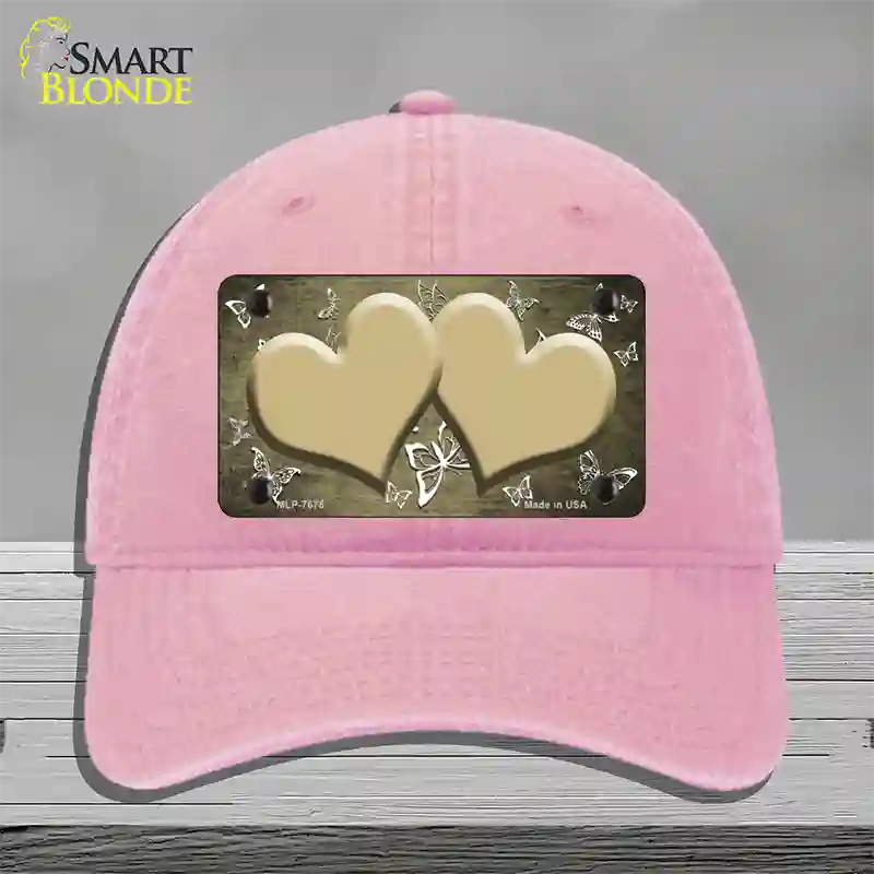 Gold White Hearts Butterfly Oil Rubbed Novelty License Plate Hat Unconstructed Cotton / Pink