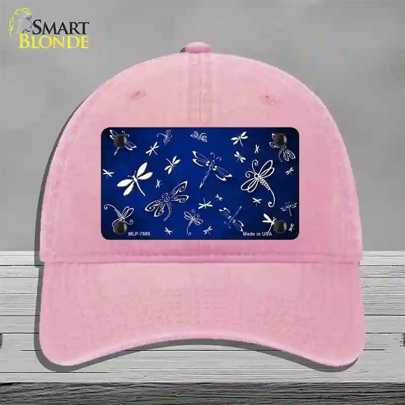 Blue White Dragonfly Oil Rubbed Novelty License Plate Hat Unconstructed Cotton / Pink