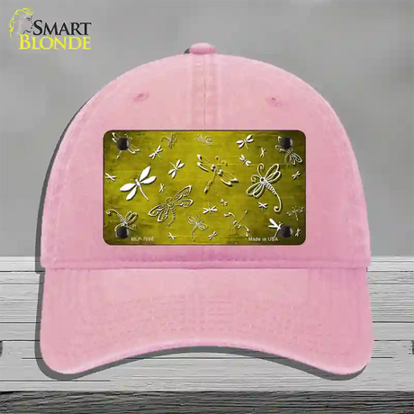 Yellow White Dragonfly Oil Rubbed Novelty License Plate Hat Unconstructed Cotton / Pink