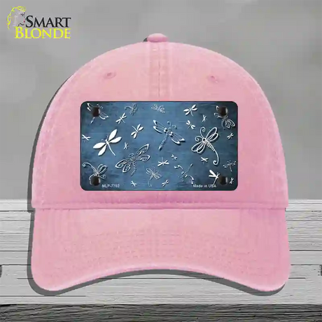 Light Blue White Dragonfly Oil Rubbed Novelty License Plate Hat Unconstructed Cotton / Pink