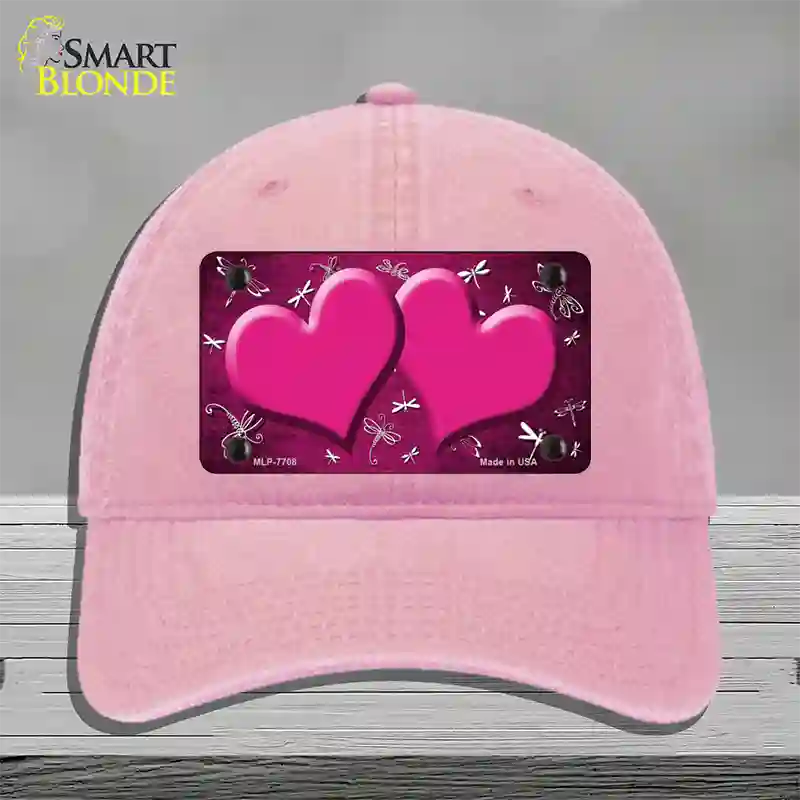 Pink White Dragonfly Hearts Oil Rubbed Novelty License Plate Hat Unconstructed Cotton / Pink