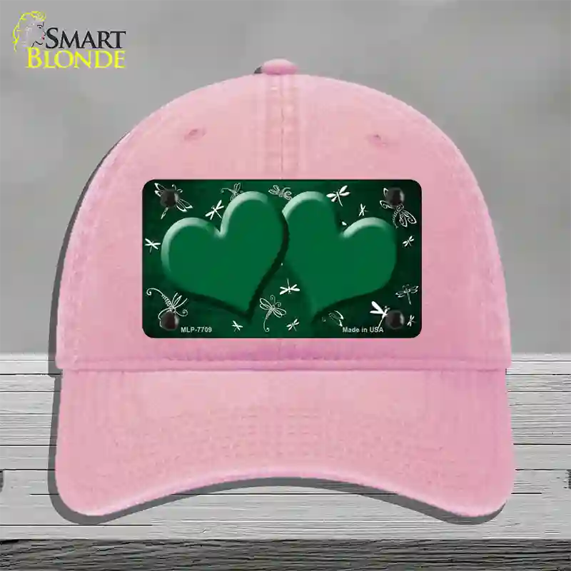 Green White Dragonfly Hearts Oil Rubbed Novelty License Plate Hat Unconstructed Cotton / Pink