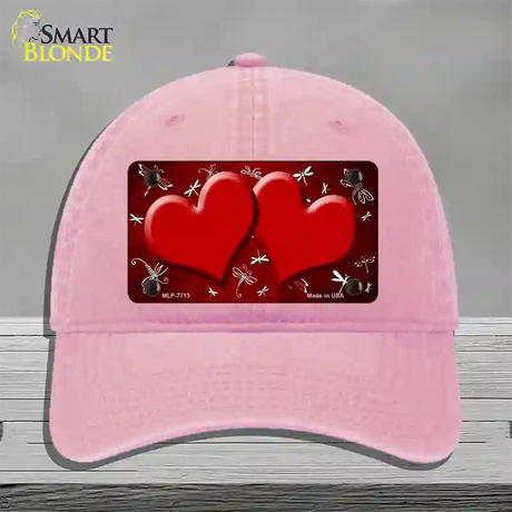 Red White Dragonfly Hearts Oil Rubbed Novelty License Plate Hat Unconstructed Cotton / Pink