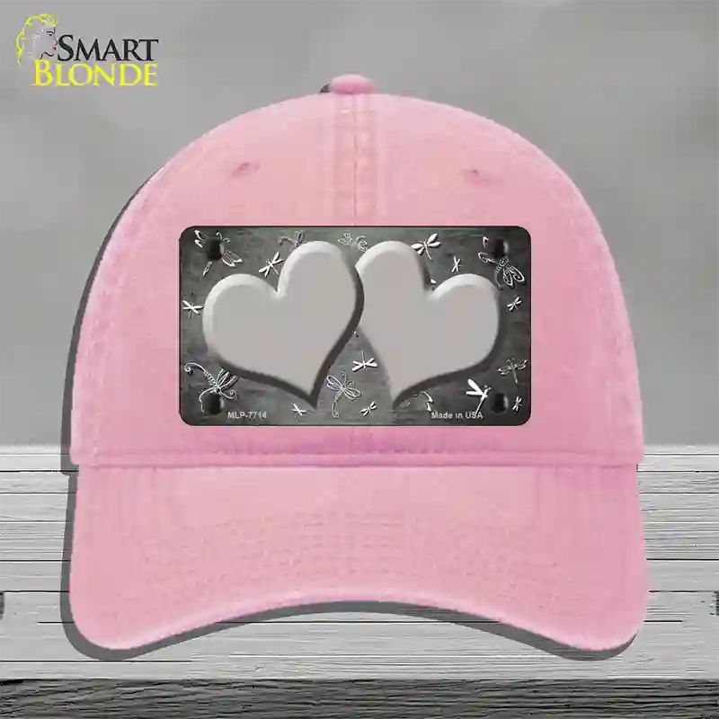 Gray White Dragonfly Hearts Oil Rubbed Novelty License Plate Hat Unconstructed Cotton / Pink