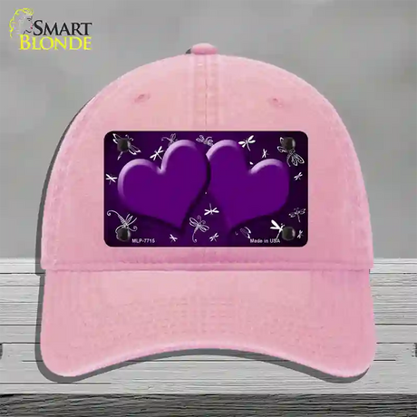 Purple White Dragonfly Hearts Oil Rubbed Novelty License Plate Hat Unconstructed Cotton / Pink