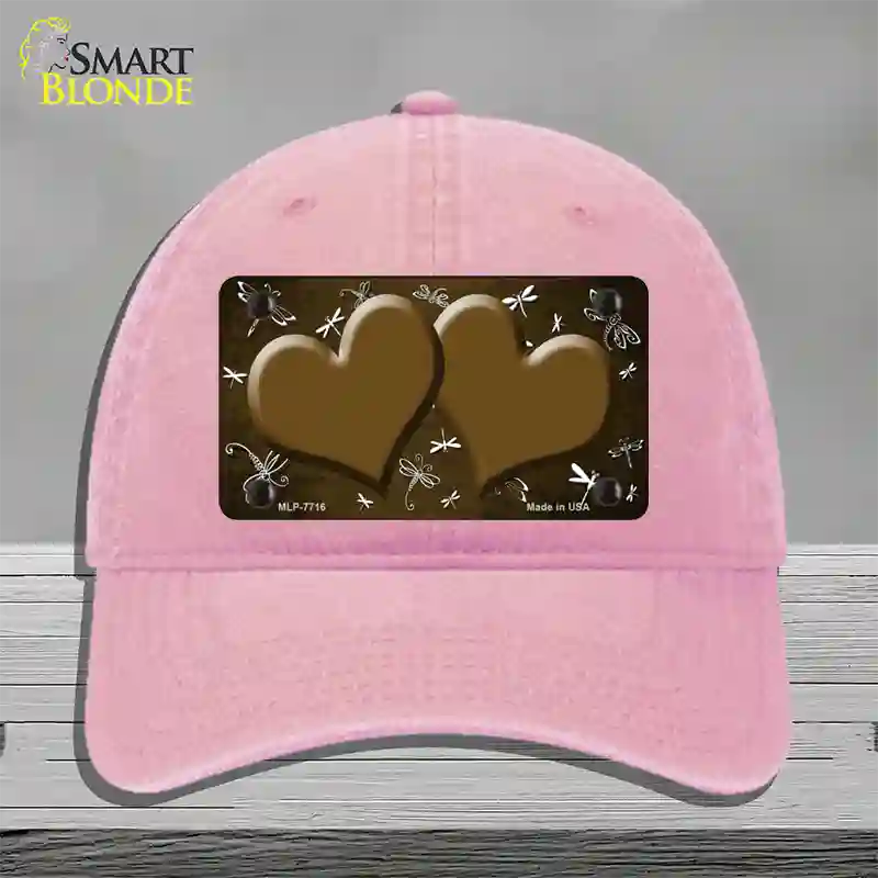 Brown White Dragonfly Hearts Oil Rubbed Novelty License Plate Hat Unconstructed Cotton / Pink