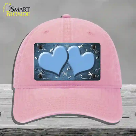 Light Blue White Dragonfly Hearts Oil Rubbed Novelty License Plate Hat Unconstructed Cotton / Pink