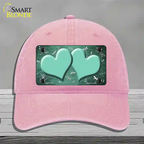 Mint White Dragonfly Hearts Oil Rubbed Novelty License Plate Hat Unconstructed Cotton / Pink