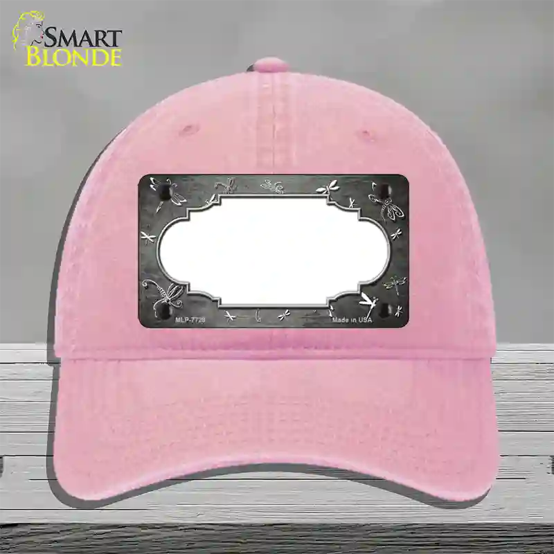 Gray White Dragonfly Scallop Oil Rubbed Novelty License Plate Hat Unconstructed Cotton / Pink