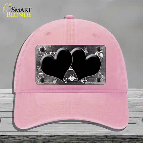 Black White Owl Hearts Oil Rubbed Novelty License Plate Hat Unconstructed Cotton / Pink