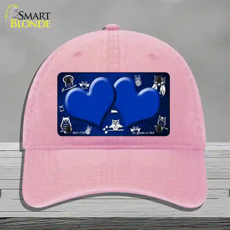 Blue White Owl Hearts Oil Rubbed Novelty License Plate Hat Unconstructed Cotton / Pink