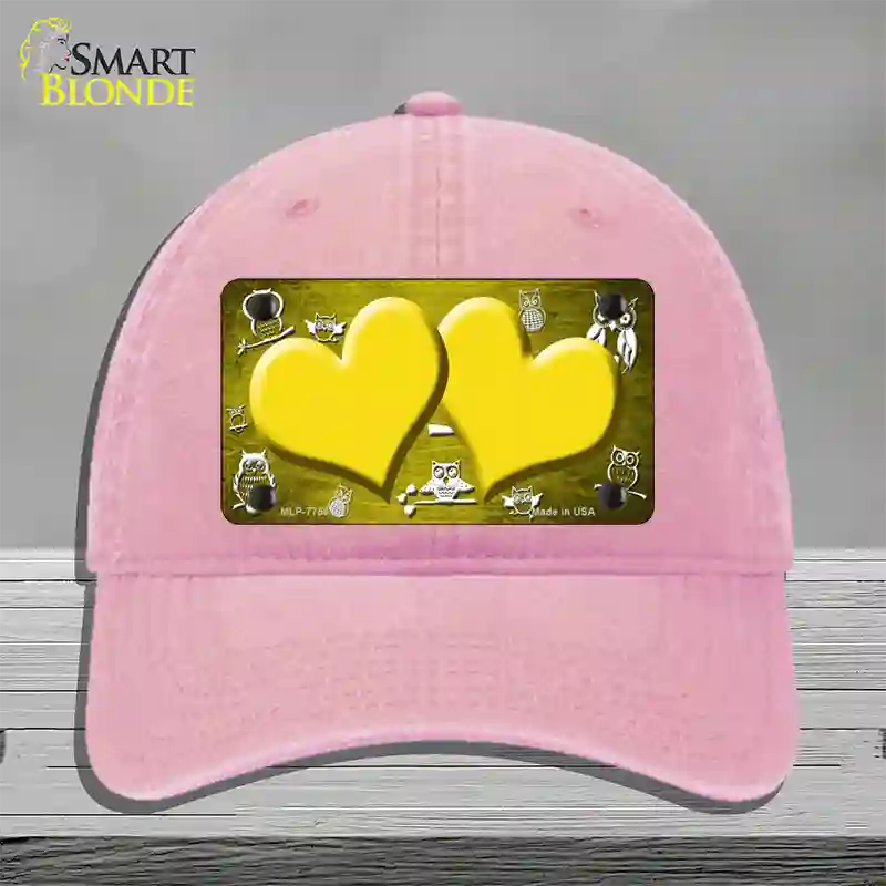 Yellow White Owl Hearts Oil Rubbed Novelty License Plate Hat Unconstructed Cotton / Pink