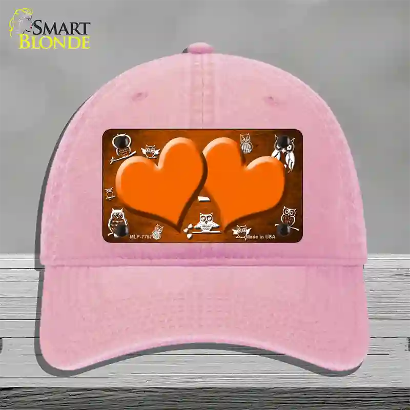 Orange White Owl Hearts Oil Rubbed Novelty License Plate Hat Unconstructed Cotton / Pink