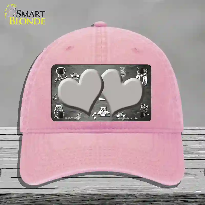 Gray White Owl Hearts Oil Rubbed Novelty License Plate Hat Unconstructed Cotton / Pink