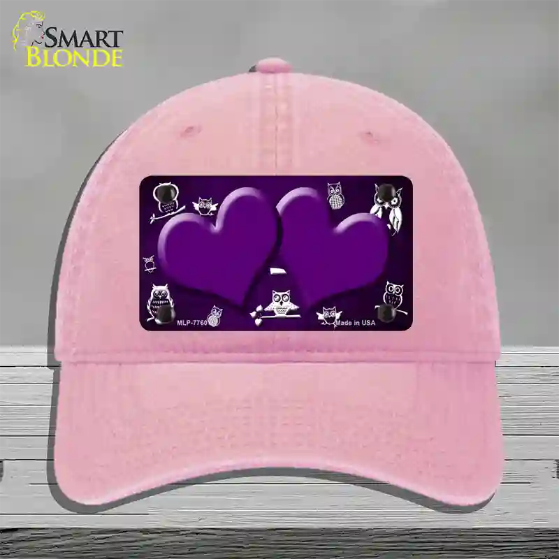 Purple White Owl Hearts Oil Rubbed Novelty License Plate Hat Unconstructed Cotton / Pink