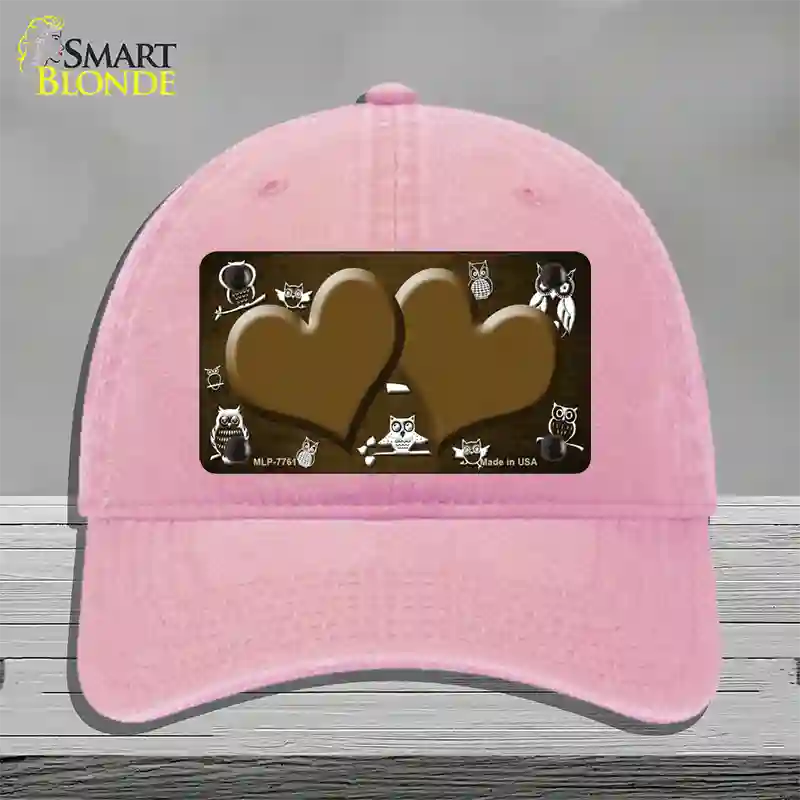 Brown White Owl Hearts Oil Rubbed Novelty License Plate Hat Unconstructed Cotton / Pink