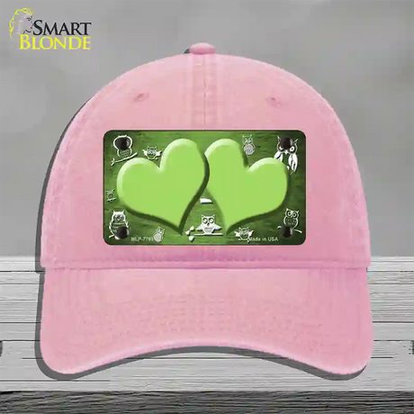 Lime Green White Owl Hearts Oil Rubbed Novelty License Plate Hat Unconstructed Cotton / Pink