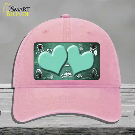 Mint White Owl Hearts Oil Rubbed Novelty License Plate Hat Unconstructed Cotton / Pink