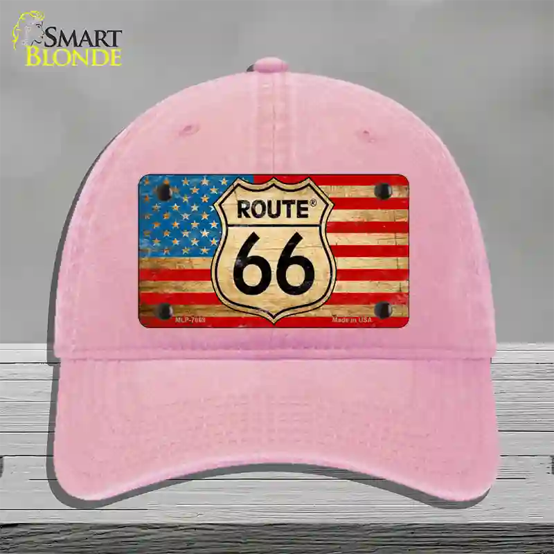 Route 66 American Flag Novelty License Plate Hat Unconstructed Cotton / Pink