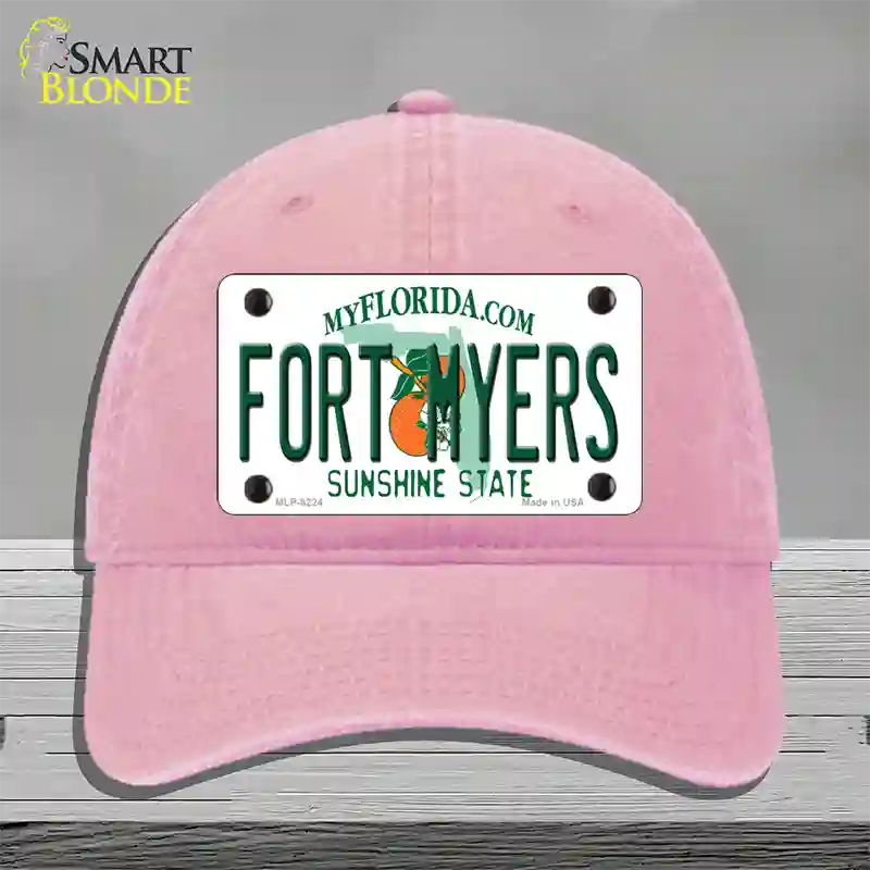 Fort Myers Florida Novelty License Plate Hat Unconstructed Cotton / Pink