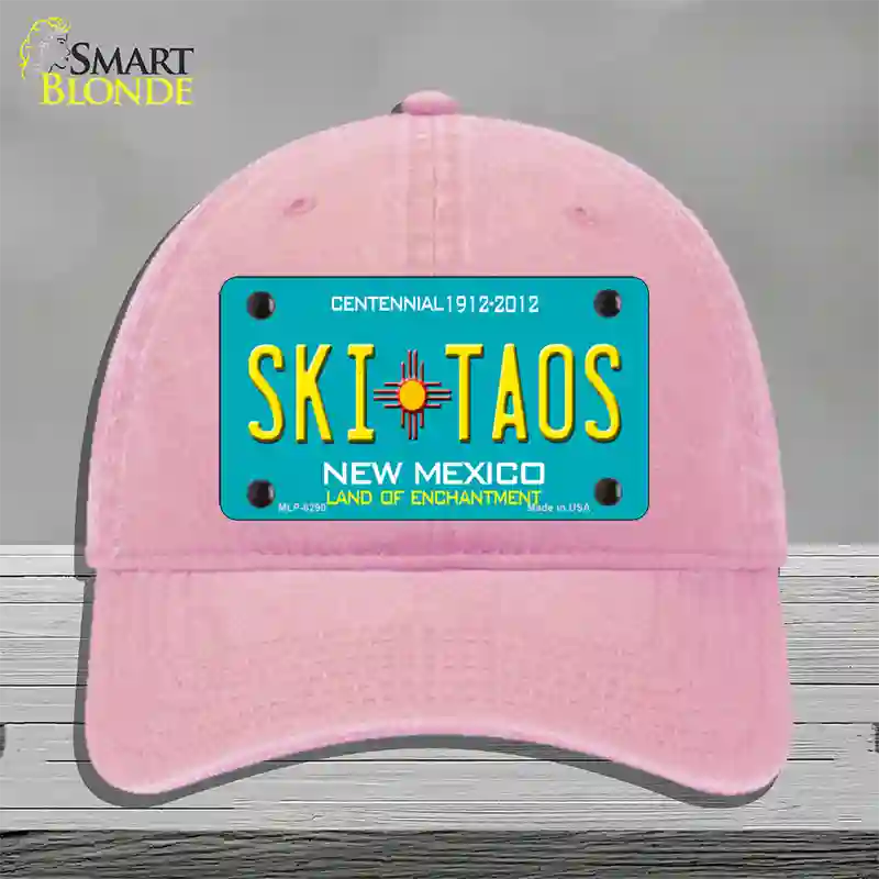 Ski Taos Teal New Mexico Novelty License Plate Hat Unconstructed Cotton / Pink