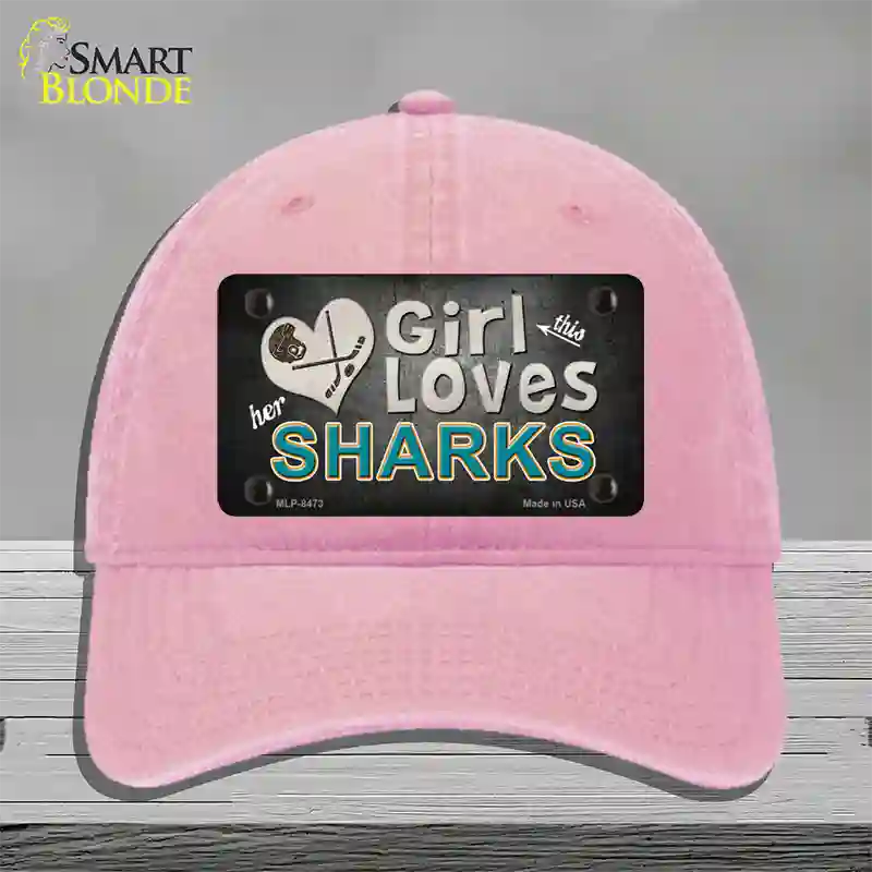 This Girl Loves Her Sharks Novelty License Plate Hat Unconstructed Cotton / Pink