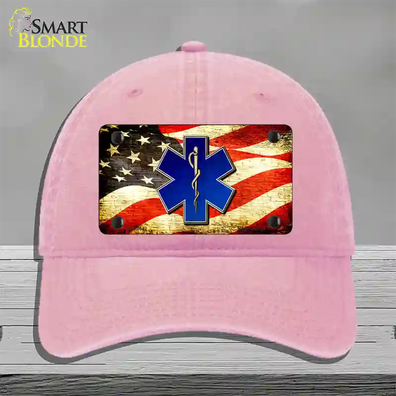 EMT Logo With USA Flag Novelty License Plate Hat Unconstructed Cotton / Pink